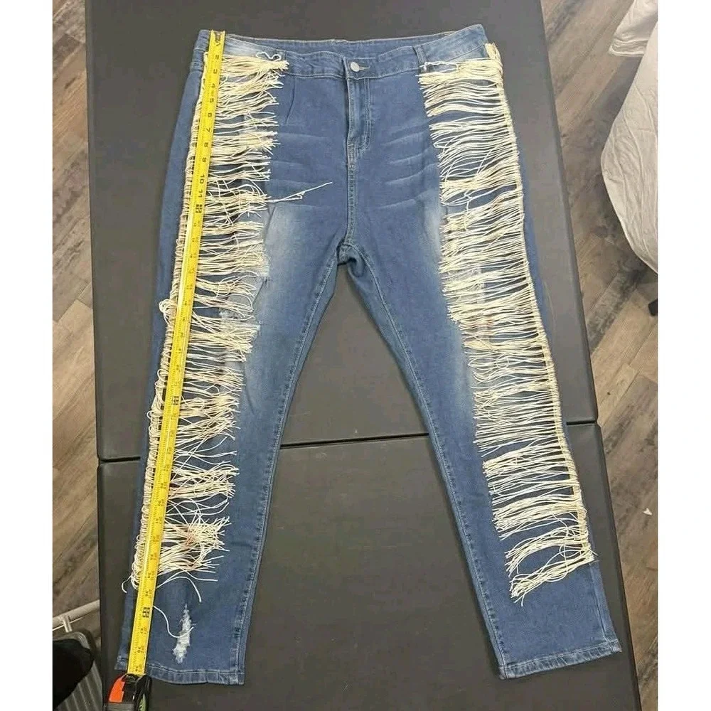 Plus Size Fringe Distressed‎ Skinny Jeans XXXL Boho Western Stretch Denim
